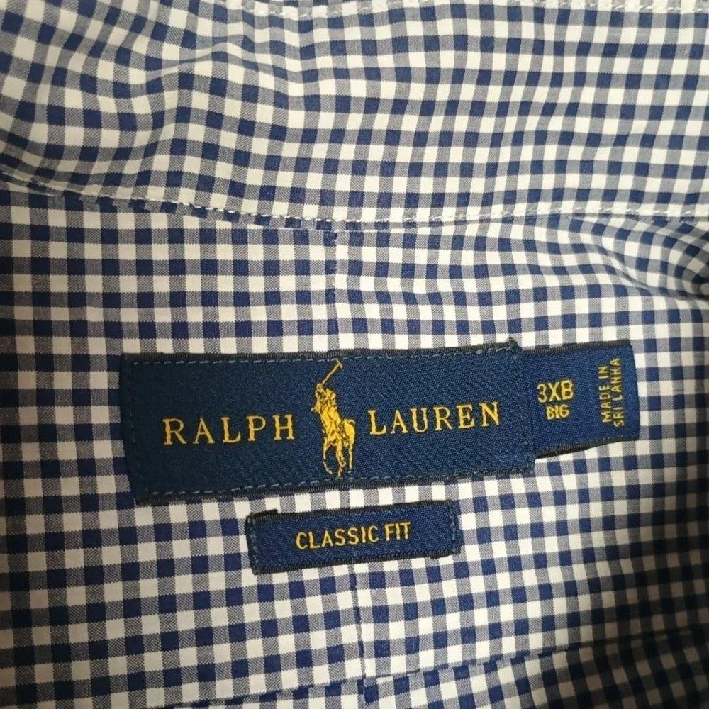 Ralph Lauren Shirt Mens Big 3XB Blue Plaid Button-Down Classic Pink Pony Casual